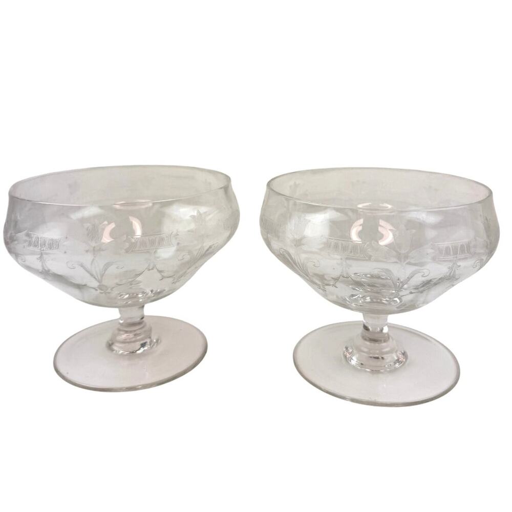 Vintage Etched Ice Cream Fruit Bowl Glass Floral Round Shape Hand Blown Set of 2